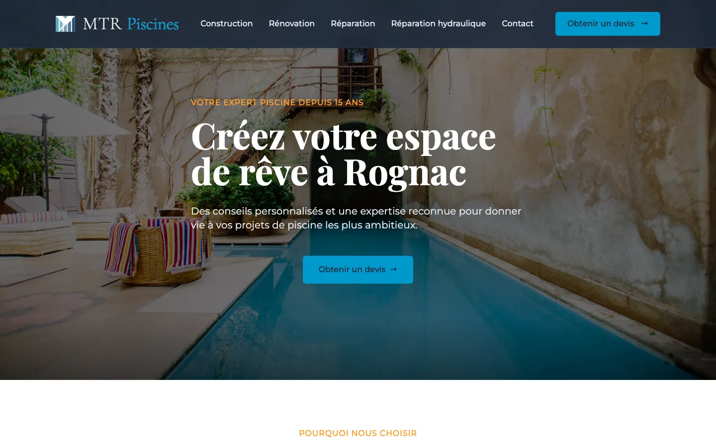 Page d’accueil du site MTR Piscines (mtrpiscines.fr)